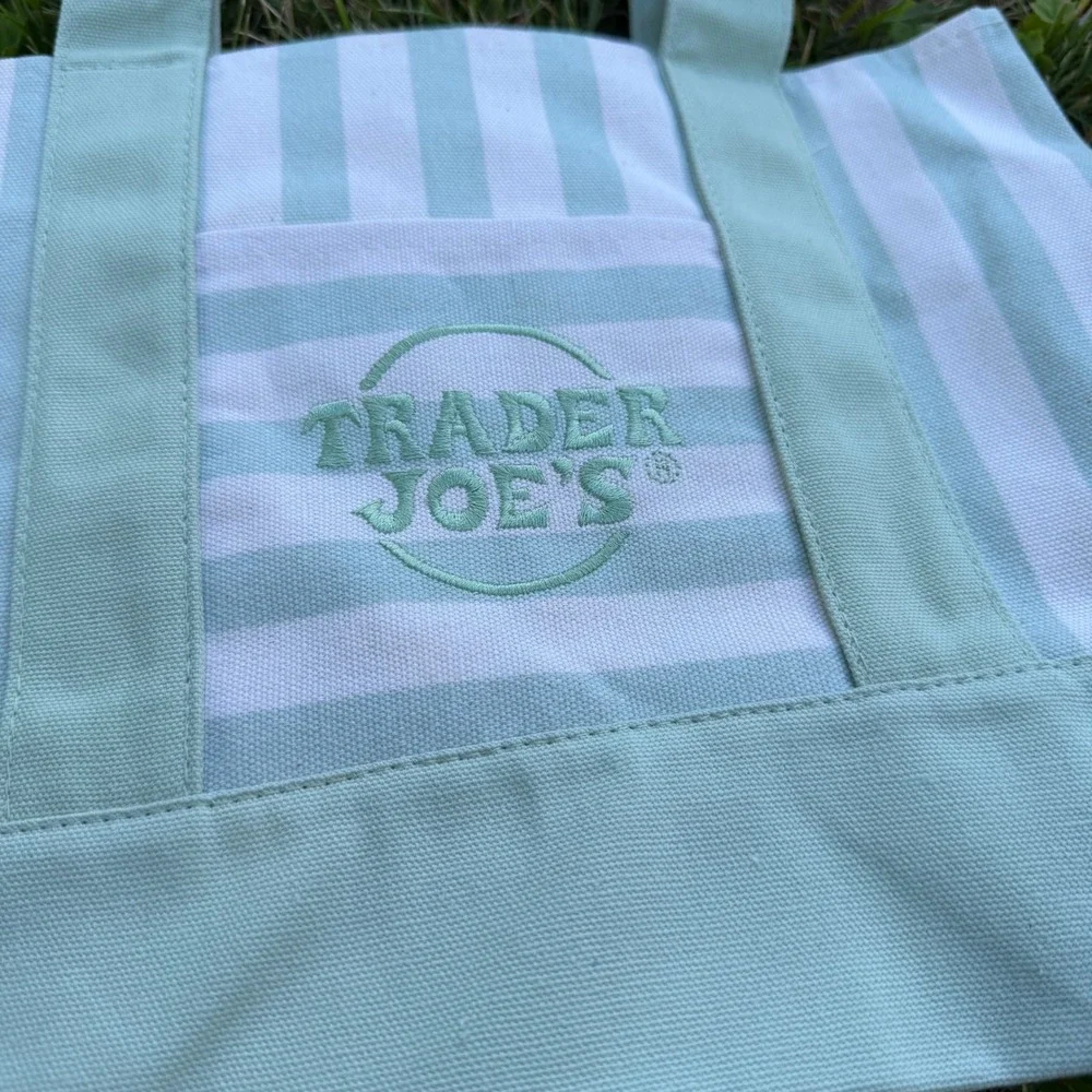 Trader Joes Mini Canvas‎ Tote Bag Mint Green White Striped Limited Edition NWT